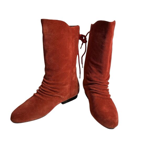 Stagelight Women’s  Red Velvet Suede Slouch Boots Flat.  Mid Calf. Size 7.5 - Picture 1 of 13
